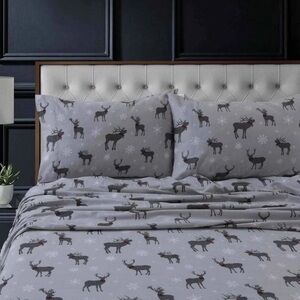 Tribeca Living KING Blue Deer Woodsy Extra Deep Pocket Flannel 4pc Sheet Set
